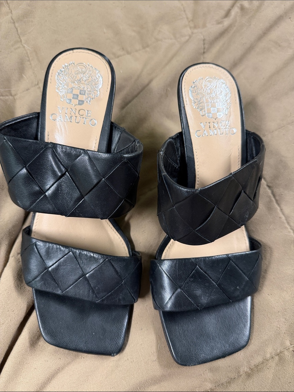 Vince Camuto Black Woven Double-Band Slide Mules